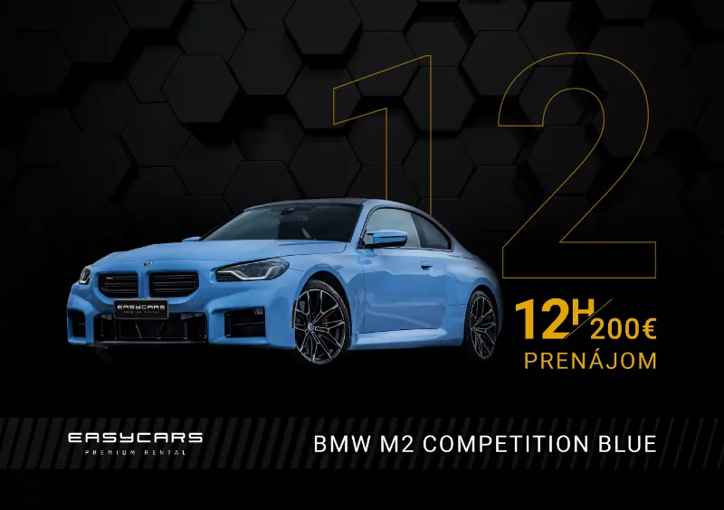 Ilustračný obrázok kupónu so modrým vozidlom BMW.